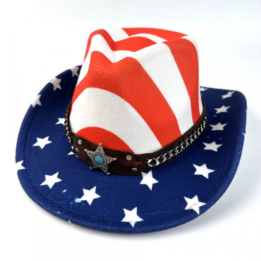 【#A629】American Star Stripe Western Cowboy Hat, Vintage Star Chain Decor Wide Brim Fedora