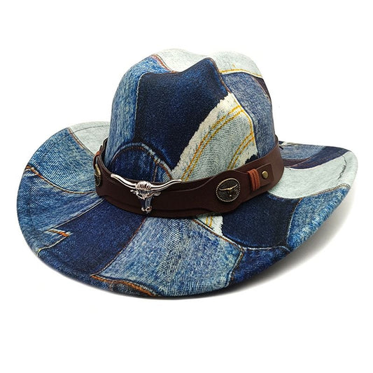 【#A630】Patchwork Denim Print Western Cowboy Hat, Vintage Bull Head Leather Band Wide Brim Fedora