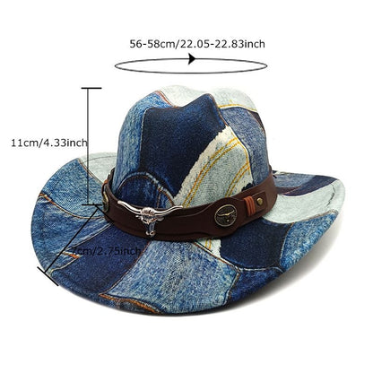 Patchwork Denim Print Western Cowboy Hat, Vintage Bull Head Leather Band Wide Brim Fedora
