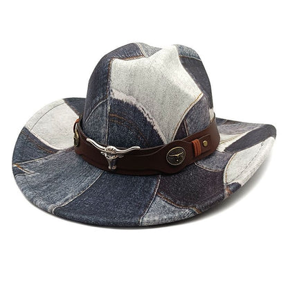 Patchwork Denim Print Western Cowboy Hat, Vintage Bull Head Leather Band Wide Brim Fedora