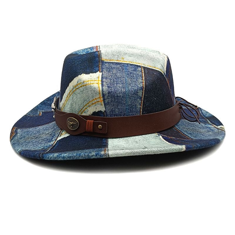 Patchwork Denim Print Western Cowboy Hat, Vintage Bull Head Leather Band Wide Brim Fedora