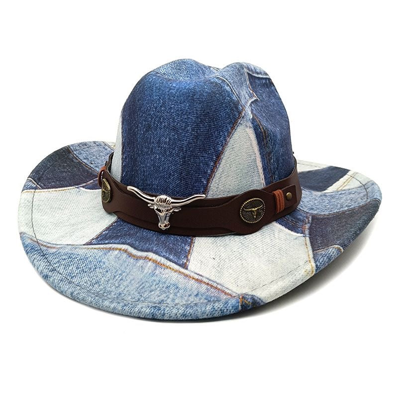 Patchwork Denim Print Western Cowboy Hat, Vintage Bull Head Leather Band Wide Brim Fedora
