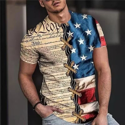 【#A632】American Flag 3D Print Short Sleeve T-Shirt, Men Vintage Loose Crew Neck Casual Top