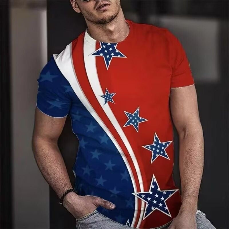 American Flag 3D Print Short Sleeve T-Shirt, Men Vintage Loose Crew Neck Casual Top