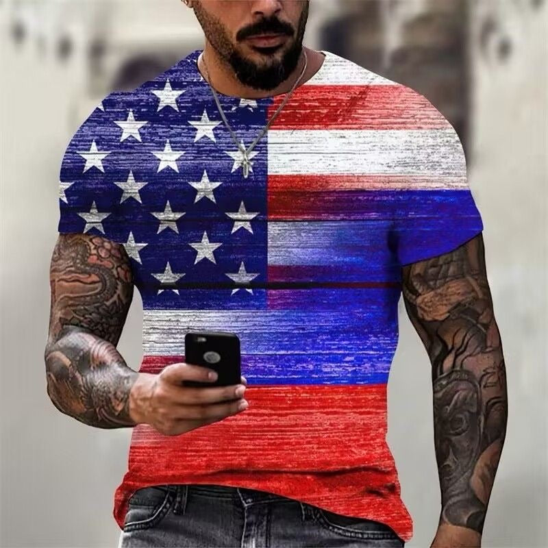 American Flag 3D Print Short Sleeve T-Shirt, Men Vintage Loose Crew Neck Casual Top