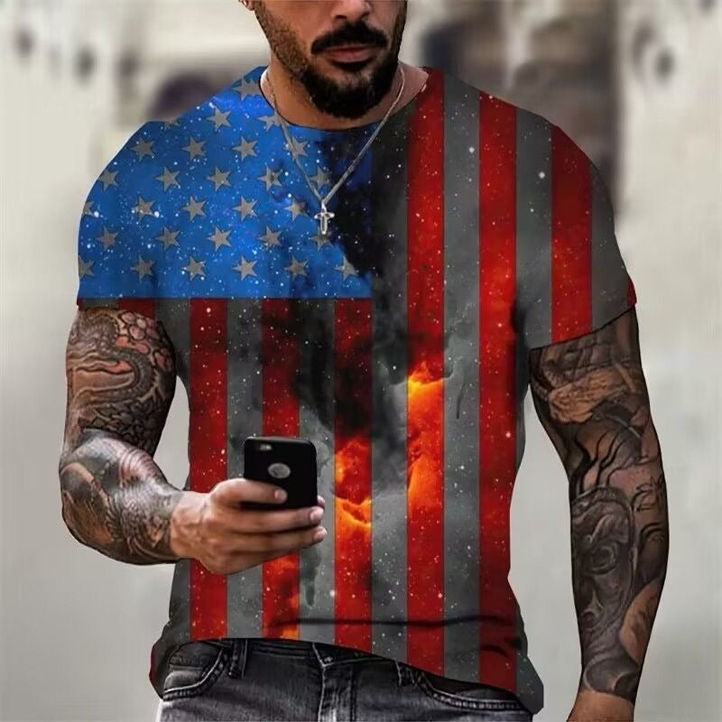 American Flag 3D Print Short Sleeve T-Shirt, Men Vintage Loose Crew Neck Casual Top