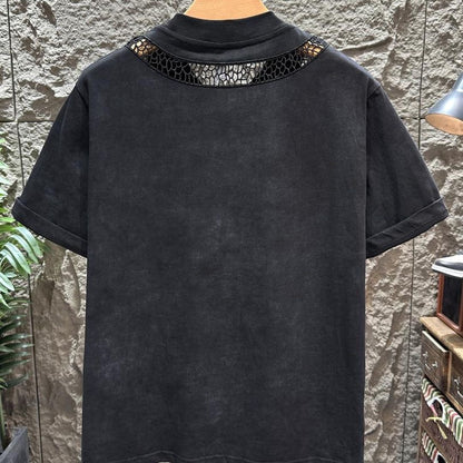 Washed Vintage Snake Hollow Embroidery T-Shirt, Unisex Streetwear Loose Crew Neck Designer Short Sleeve Top