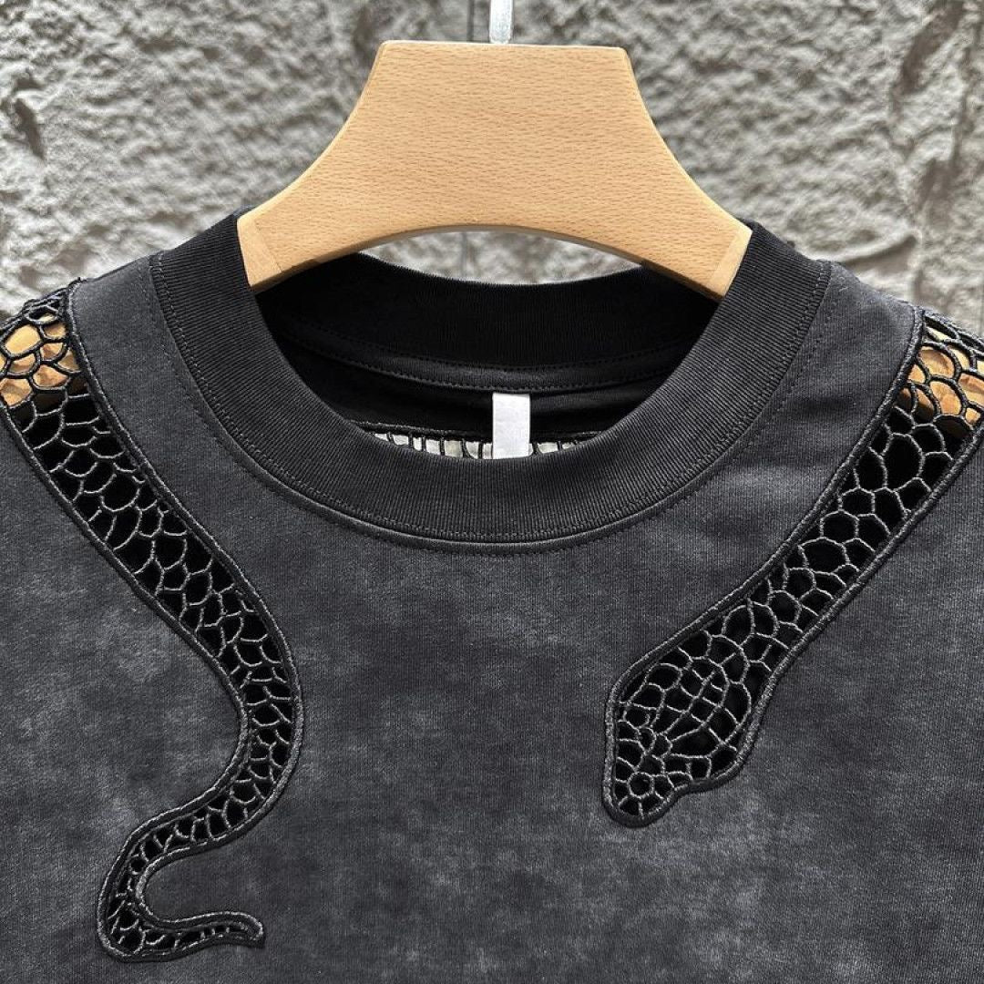 Washed Vintage Snake Hollow Embroidery T-Shirt, Unisex Streetwear Loose Crew Neck Designer Short Sleeve Top