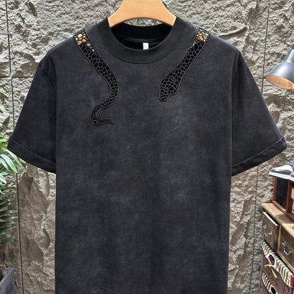 Washed Vintage Snake Hollow Embroidery T-Shirt, Unisex Streetwear Loose Crew Neck Designer Short Sleeve Top