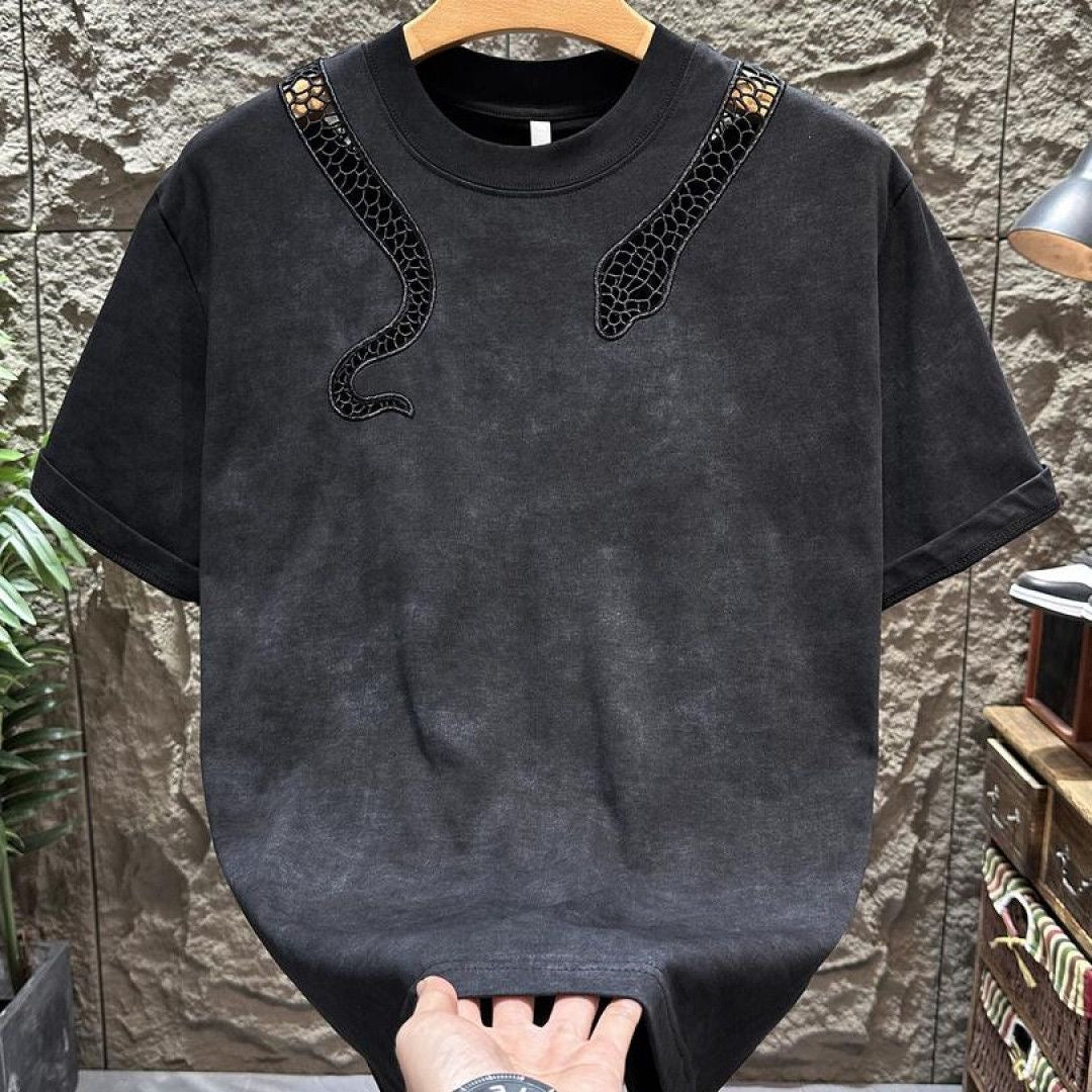 Washed Vintage Snake Hollow Embroidery T-Shirt, Unisex Streetwear Loose Crew Neck Designer Short Sleeve Top