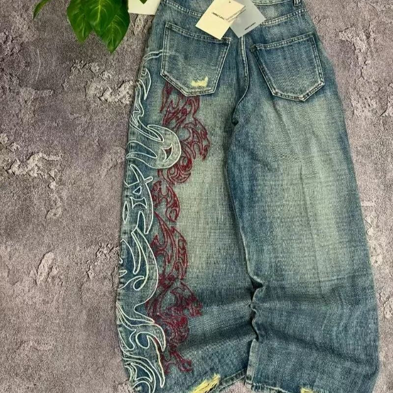 Vintage Washed Flame Embroidery Baggy Jeans, Streetwear Two-Tone Embroidered Ripped Wide Leg Denim Pants