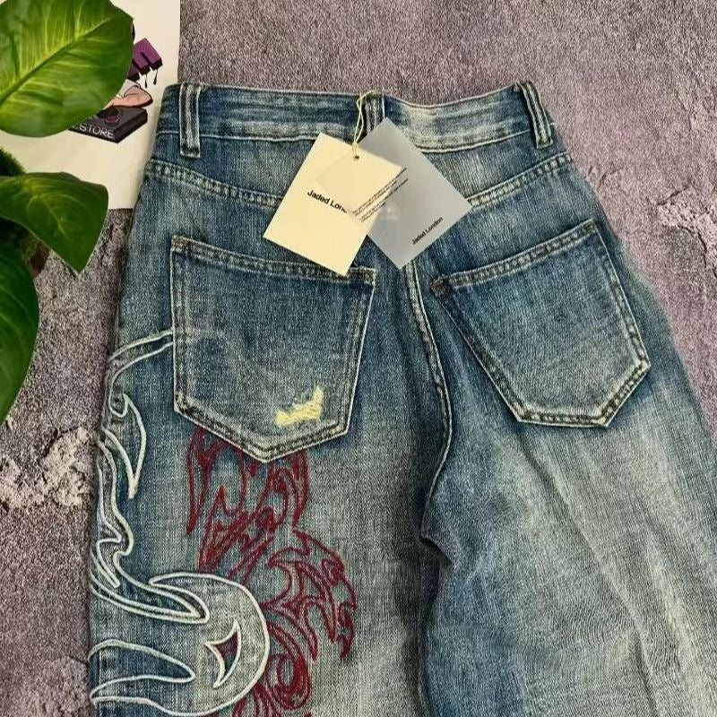 Vintage Washed Flame Embroidery Baggy Jeans, Streetwear Two-Tone Embroidered Ripped Wide Leg Denim Pants