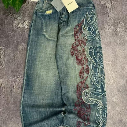 Vintage Washed Flame Embroidery Baggy Jeans, Streetwear Two-Tone Embroidered Ripped Wide Leg Denim Pants