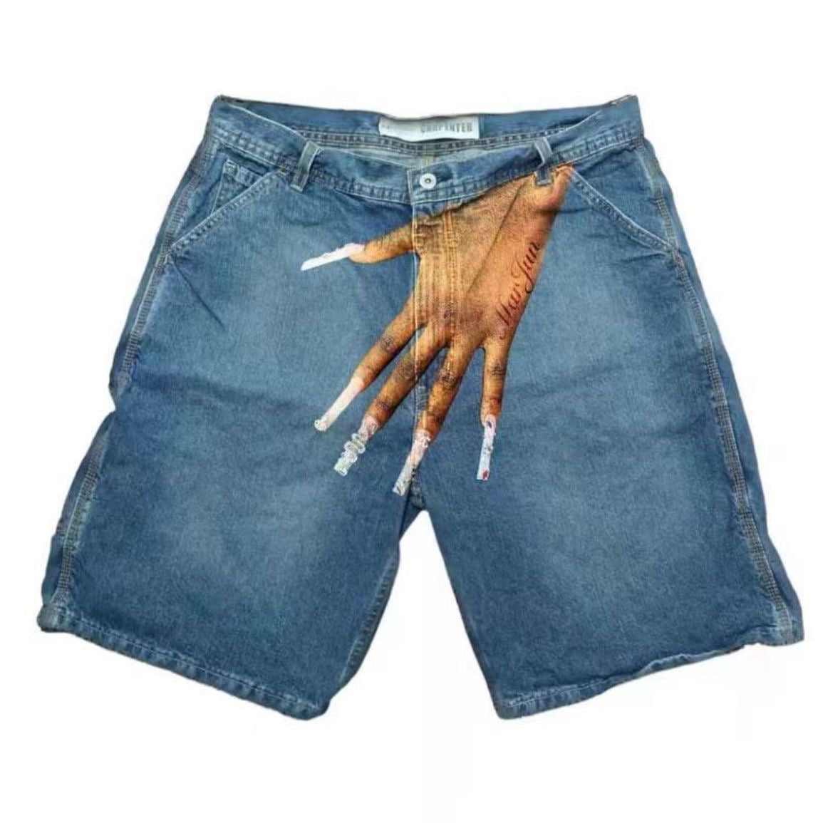 Vintage Washed Hand Palm Print Carpenter Denim Jorts, Streetwear Loose Wide Leg Knee Length Shorts