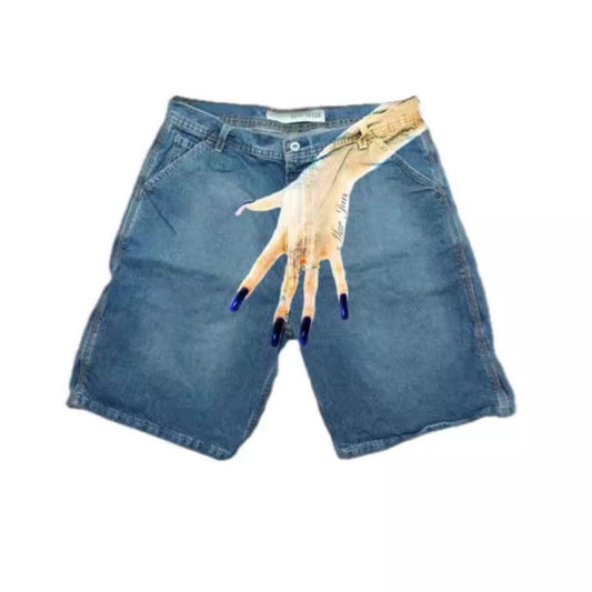 【#A635】Vintage Washed Hand Palm Print Carpenter Denim Jorts, Streetwear Loose Wide Leg Knee Length Shorts