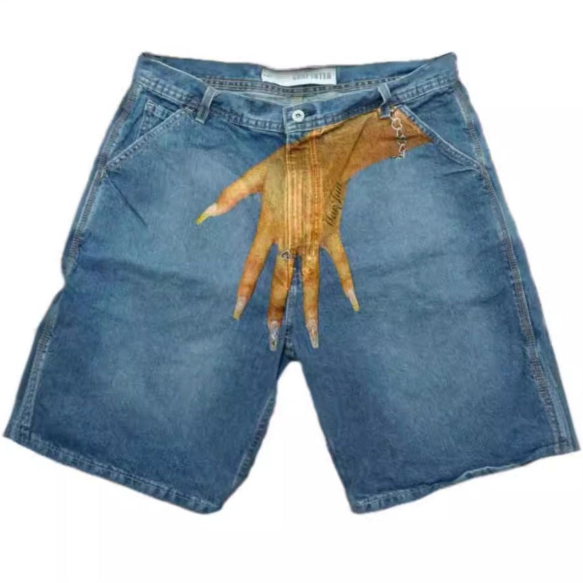 Vintage Washed Hand Palm Print Carpenter Denim Jorts, Streetwear Loose Wide Leg Knee Length Shorts