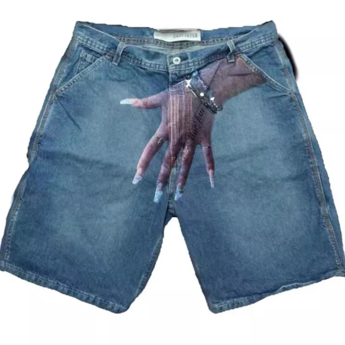 Vintage Washed Hand Palm Print Carpenter Denim Jorts, Streetwear Loose Wide Leg Knee Length Shorts