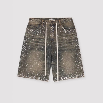 Heavy Full Rhinestone Camo Washed Cargo Jorts, Streetwear Star Rhinestone Loose Wide Leg Denim Shorts