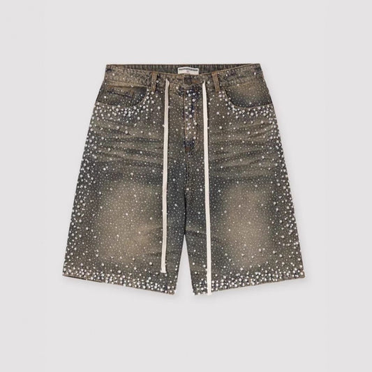 【#A636】Heavy Full Rhinestone Camo Washed Cargo Jorts, Streetwear Star Rhinestone Loose Wide Leg Denim Shorts