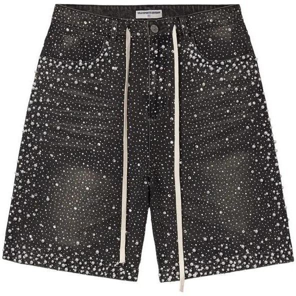 Heavy Full Rhinestone Camo Washed Cargo Jorts, Streetwear Star Rhinestone Loose Wide Leg Denim Shorts