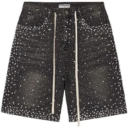 Heavy Full Rhinestone Camo Washed Cargo Jorts, Streetwear Star Rhinestone Loose Wide Leg Denim Shorts