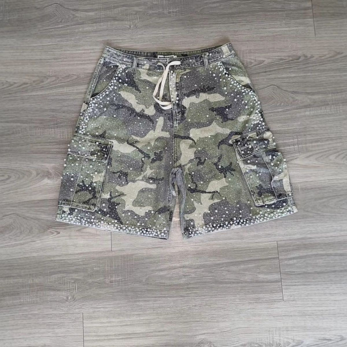 Heavy Full Rhinestone Camo Washed Cargo Jorts, Streetwear Star Rhinestone Loose Wide Leg Denim Shorts