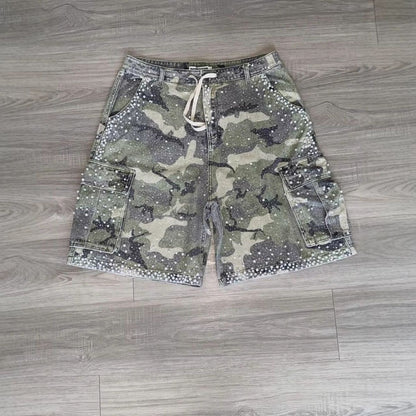 Heavy Full Rhinestone Camo Washed Cargo Jorts, Streetwear Star Rhinestone Loose Wide Leg Denim Shorts