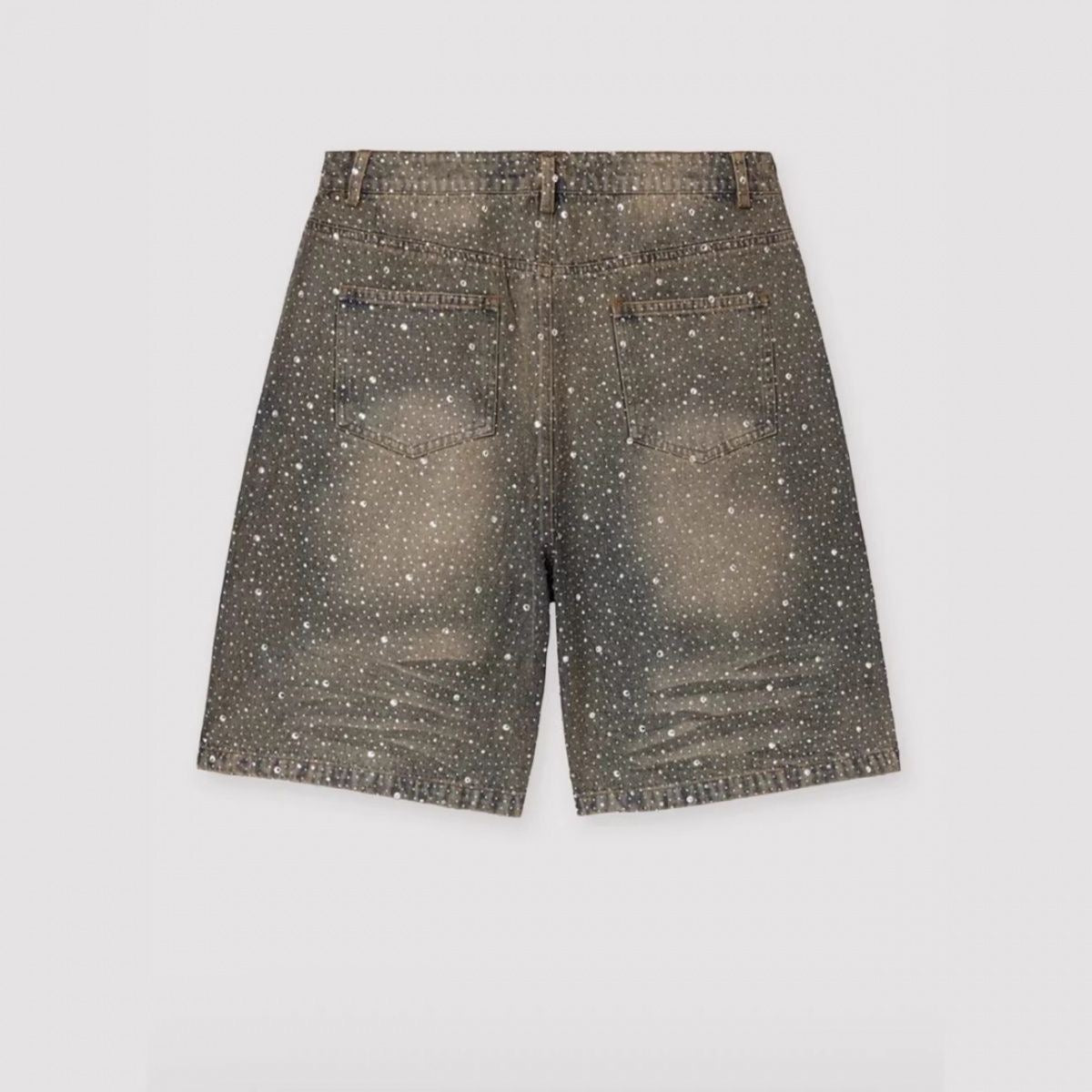 Heavy Full Rhinestone Camo Washed Cargo Jorts, Streetwear Star Rhinestone Loose Wide Leg Denim Shorts