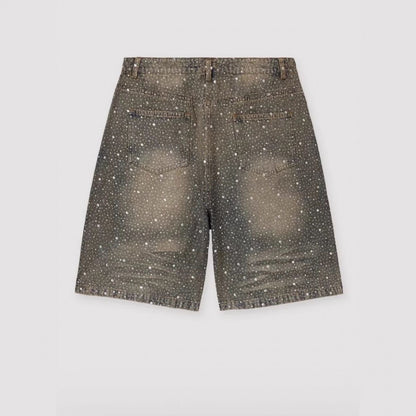 Heavy Full Rhinestone Camo Washed Cargo Jorts, Streetwear Star Rhinestone Loose Wide Leg Denim Shorts