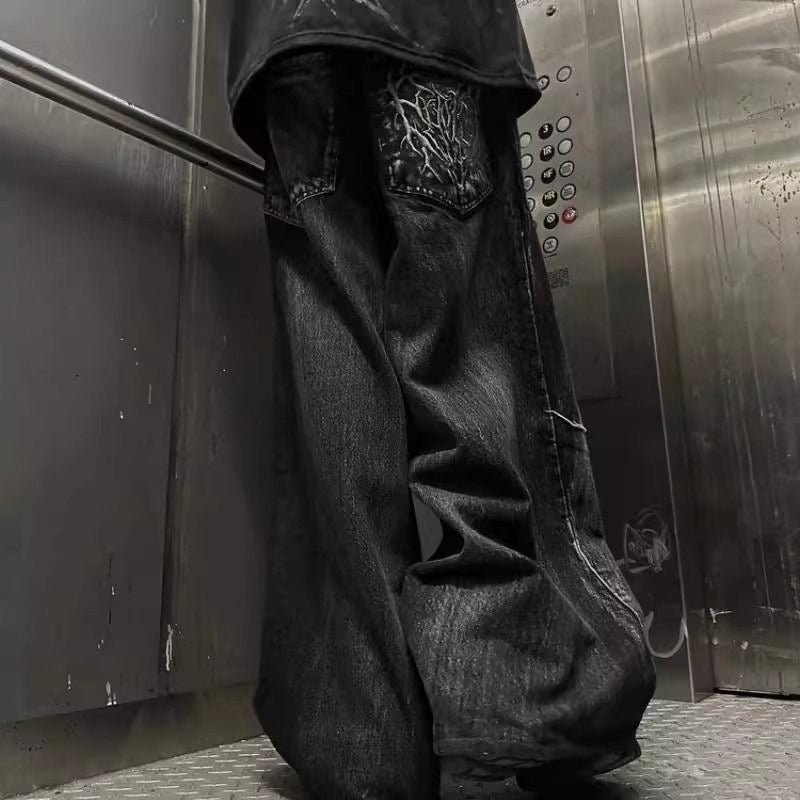 Washed Vintage Frayed Thorn Butterfly Patch Wide Leg Jeans, Dark Street Deconstructed Floor-Length Denim Pants