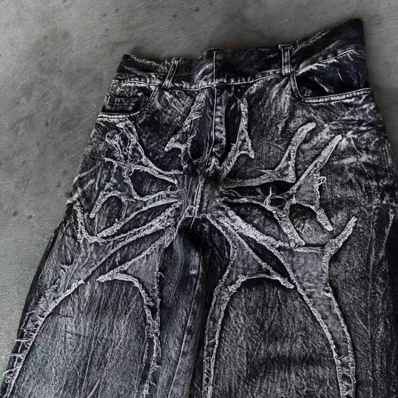 Washed Vintage Frayed Thorn Butterfly Patch Wide Leg Jeans, Dark Street Deconstructed Floor-Length Denim Pants