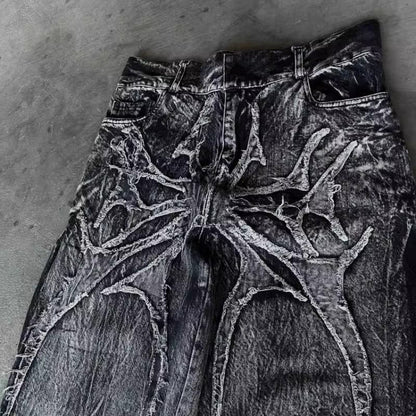 Washed Vintage Frayed Thorn Butterfly Patch Wide Leg Jeans, Dark Street Deconstructed Floor-Length Denim Pants