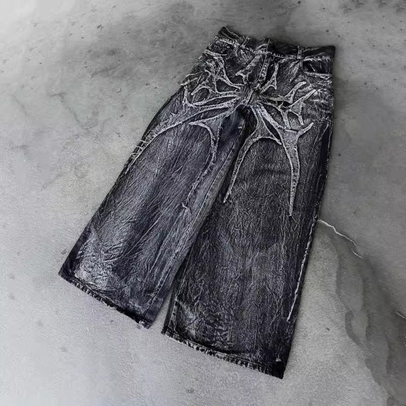 Washed Vintage Frayed Thorn Butterfly Patch Wide Leg Jeans, Dark Street Deconstructed Floor-Length Denim Pants
