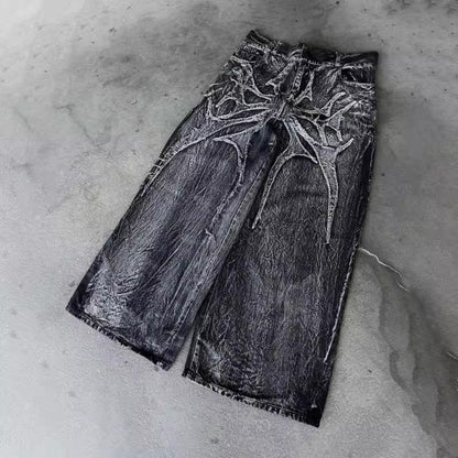 Washed Vintage Frayed Thorn Butterfly Patch Wide Leg Jeans, Dark Street Deconstructed Floor-Length Denim Pants