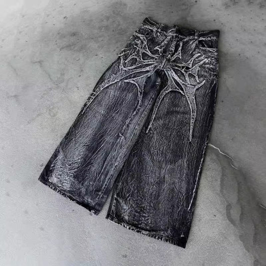 Washed Vintage Frayed Thorn Butterfly Patch Wide Leg Jeans, Dark Street Deconstructed Floor-Length Denim Pants
