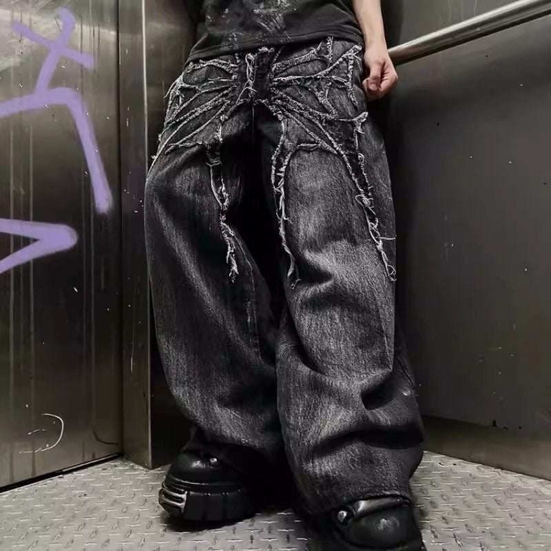 Washed Vintage Frayed Thorn Butterfly Patch Wide Leg Jeans, Dark Street Deconstructed Floor-Length Denim Pants