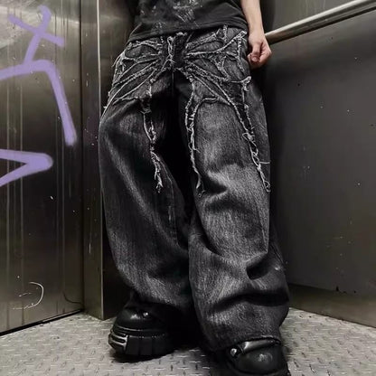Washed Vintage Frayed Thorn Butterfly Patch Wide Leg Jeans, Dark Street Deconstructed Floor-Length Denim Pants
