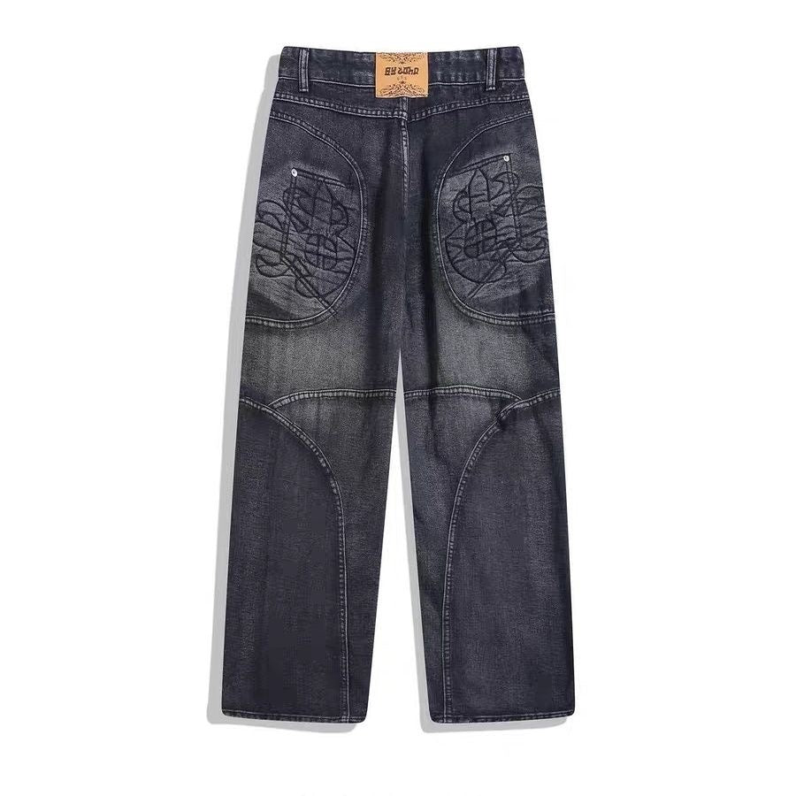 Washed Vintage Frayed Thorn Butterfly Patch Wide Leg Jeans, Dark Street Deconstructed Floor-Length Denim Pants