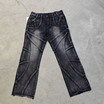 Washed Vintage Frayed Thorn Butterfly Patch Wide Leg Jeans, Dark Street Deconstructed Floor-Length Denim Pants