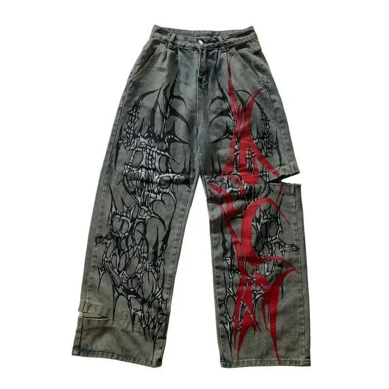 Vintage Washed Thorn Skull Contrast Print Ripped Jeans, Alt Street Loose Straight Floor-Length Denim Pants