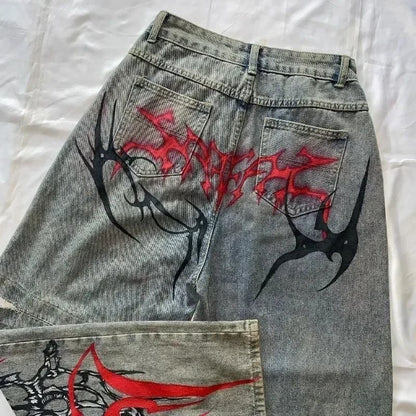 Vintage Washed Thorn Skull Contrast Print Ripped Jeans, Alt Street Loose Straight Floor-Length Denim Pants