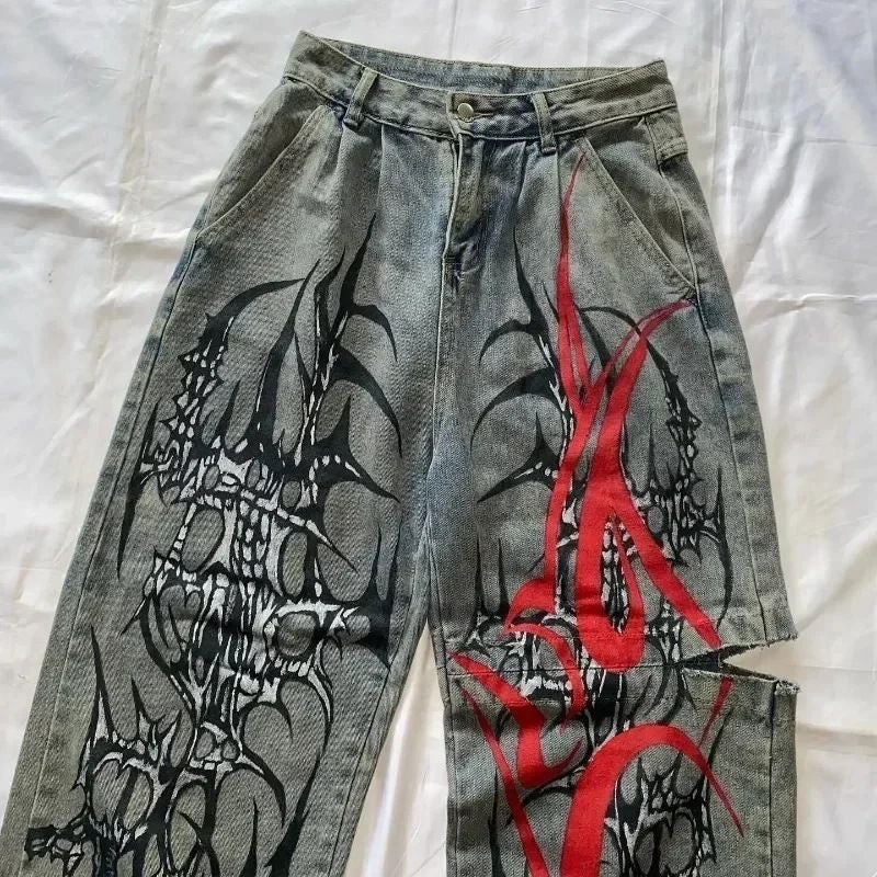 Vintage Washed Thorn Skull Contrast Print Ripped Jeans, Alt Street Loose Straight Floor-Length Denim Pants