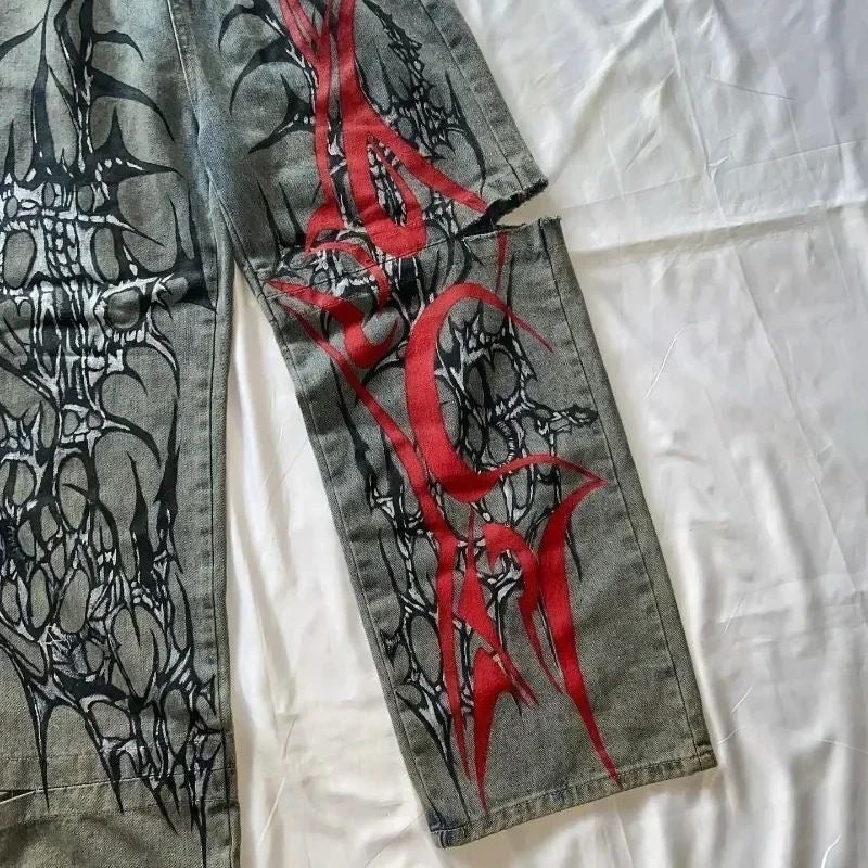 Vintage Washed Thorn Skull Contrast Print Ripped Jeans, Alt Street Loose Straight Floor-Length Denim Pants