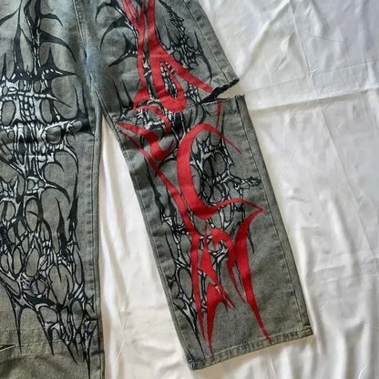 Vintage Washed Thorn Skull Contrast Print Ripped Jeans, Alt Street Loose Straight Floor-Length Denim Pants