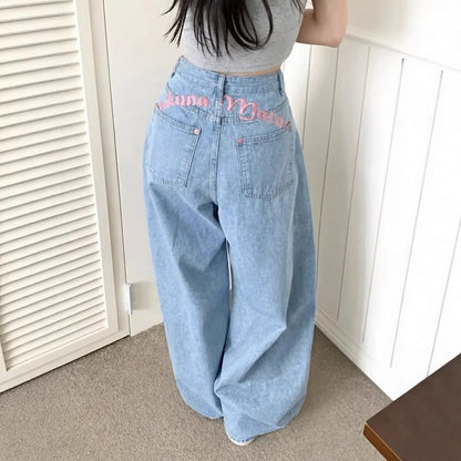 【#A639】Pink Letter Embroidery Wide Leg Jeans for Women, High Waist Drape Loose Floor-Length Straight Denim Pants