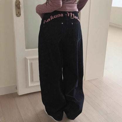 【#A639】Pink Letter Embroidery Wide Leg Jeans for Women, High Waist Drape Loose Floor-Length Straight Denim Pants