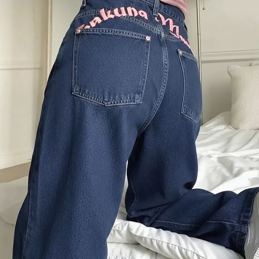 【#A639】Pink Letter Embroidery Wide Leg Jeans for Women, High Waist Drape Loose Floor-Length Straight Denim Pants