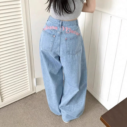 【#A639】Pink Letter Embroidery Wide Leg Jeans for Women, High Waist Drape Loose Floor-Length Straight Denim Pants