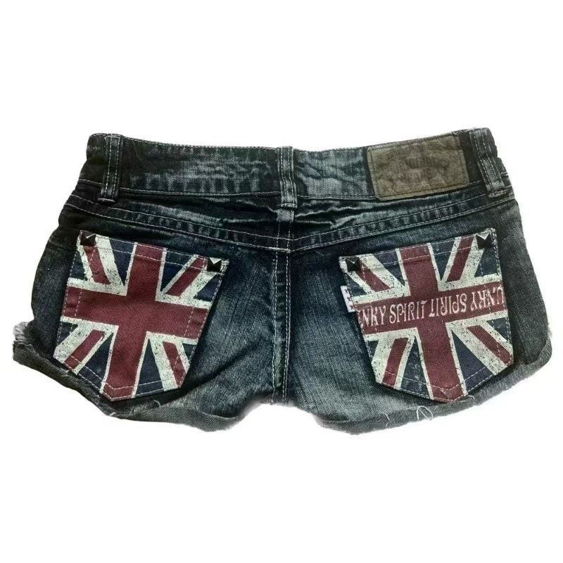 【#A640】Vintage Low-Rise Micro Denim Hot Pants, Punk Union Jack Rivet Multi-Zipper Women Shorts