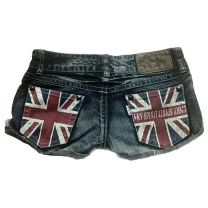 【#A640】Vintage Low-Rise Micro Denim Hot Pants, Punk Union Jack Rivet Multi-Zipper Women Shorts
